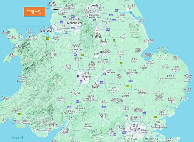 영국 프레스턴 위치를 나타내는 지도