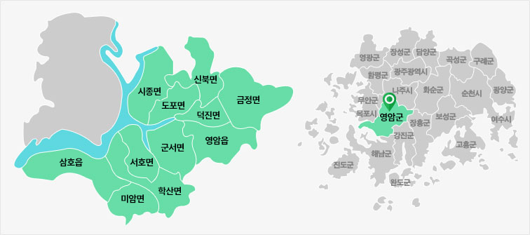 왼쪽 - 영암군지도 시종면 도포면 신복면 덕진면 금정면 삼호읍 미암면 학산면 서호면 군서면 영암읍/ 오른쪽 - 전라남도지도 영광군 장성군 담양군 곡성군 구례군 함평군 광주광역시 화순군 순천시 광양군 무안군 목포시 영암군 장흥군 보성군 여수시 진도군 해남군 강진군 장흥군 고흥군 완도군 중 영암군표시