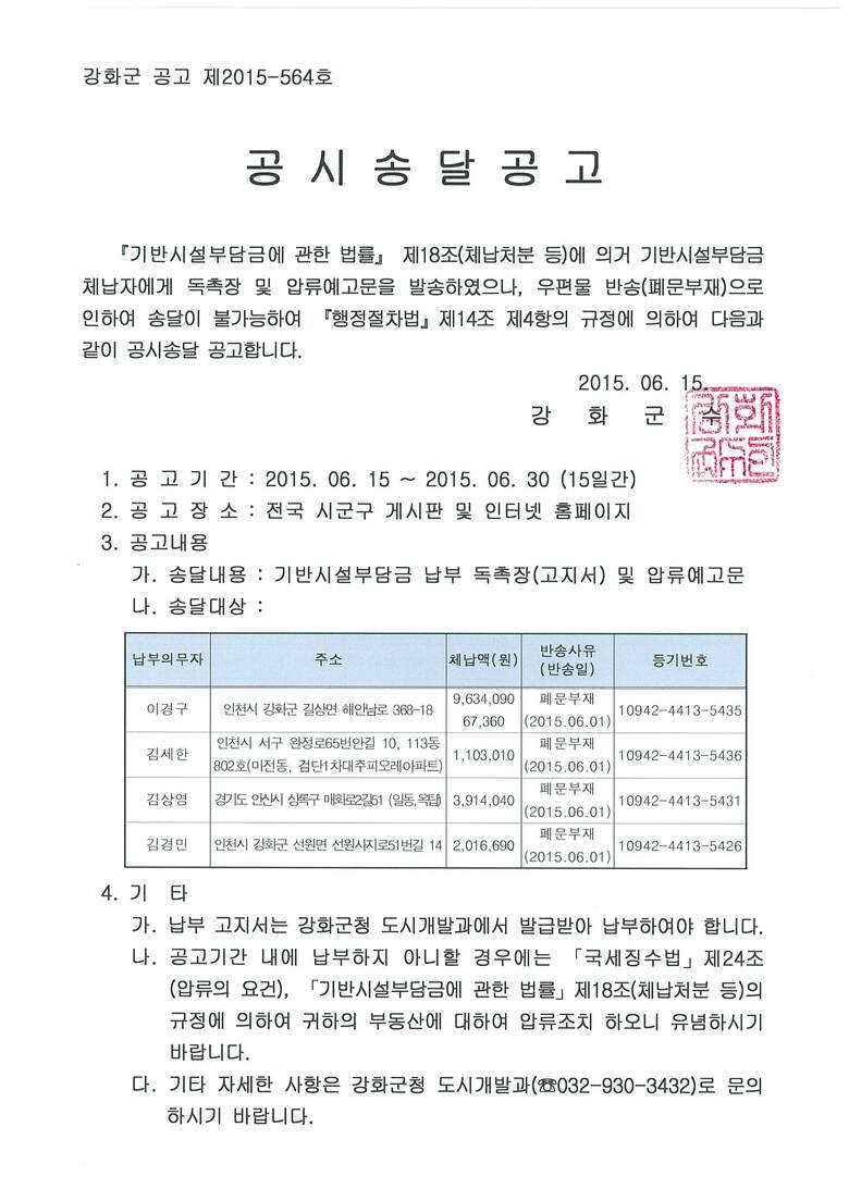 기반시설부담금 납부 독촉 및 압류예고문 공시송달 공고 이미지 1