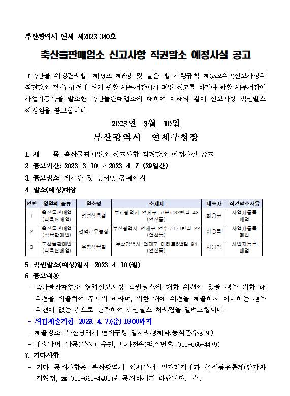 [부산시]축산물판매업소 신고사항 직권말소 예정 공고 이미지 1