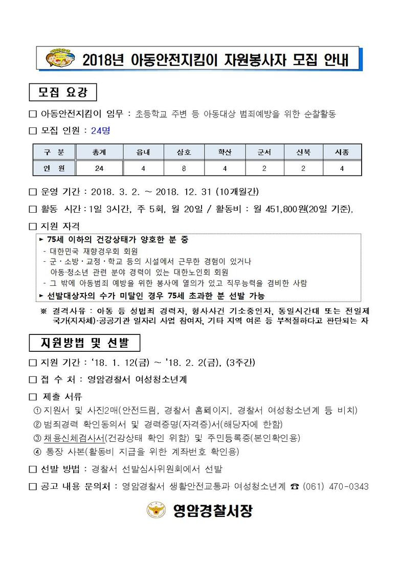 2018 아동안전지킴이 모집 선발  안내 이미지 1