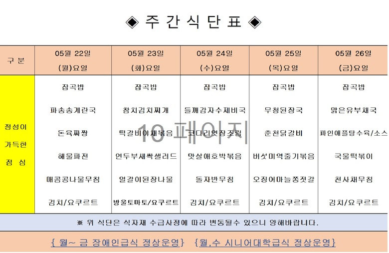 장애인 & 노인복지관 무료급식 주간식단표 [5.22~5.26] 이미지 1