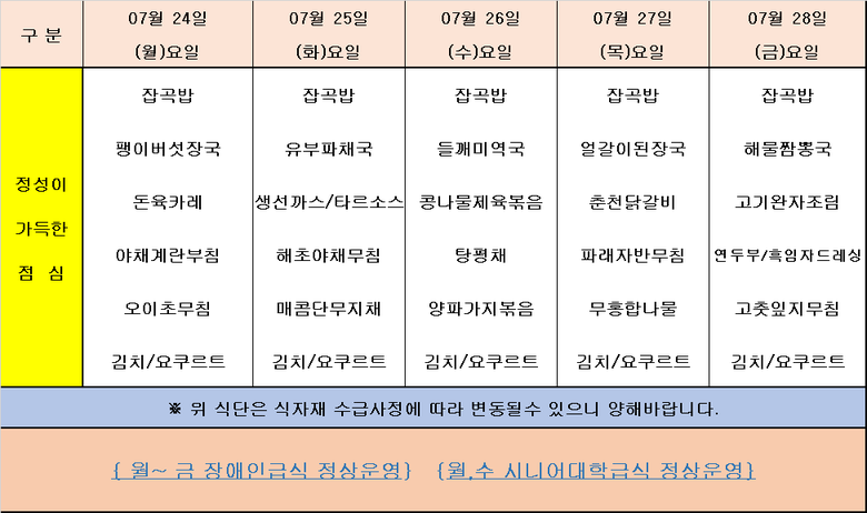 장애인 & 노인복지관 무료급식 주간식단표 [7.24~7.28] 이미지 1