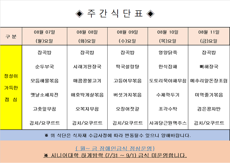 장애인 & 노인복지관 무료급식 주간식단표 [8.07~8.11] 이미지 1