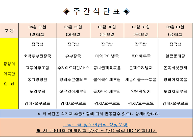 장애인 & 노인복지관 무료급식 주간식단표 [8.28~9.01] 이미지 1
