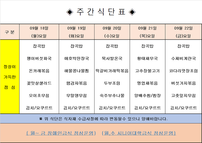 장애인 & 노인복지관 무료급식 주간식단표 [9.18~9.22] 이미지 1