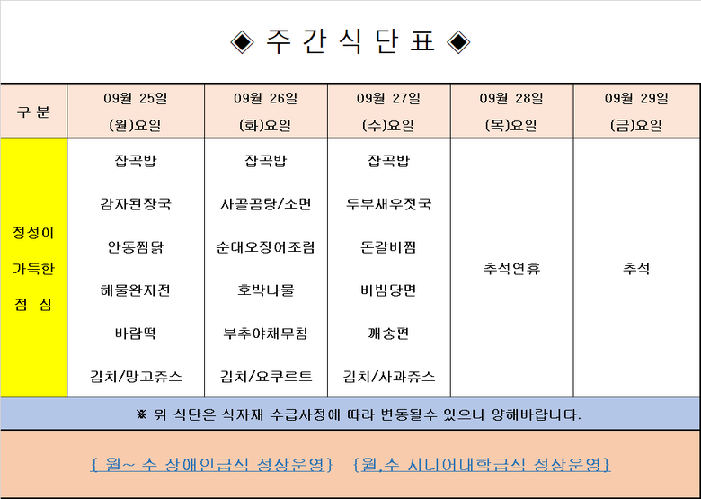 장애인 & 노인복지관 무료급식 주간식단표 [9.25~9.27] 이미지 1