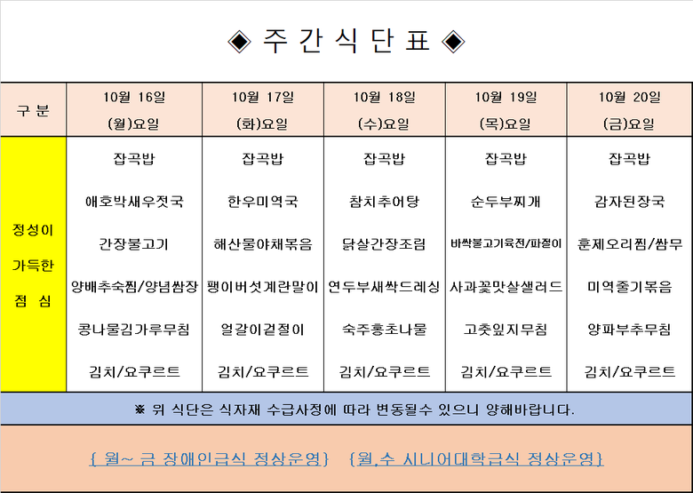 장애인 & 노인복지관 무료급식 주간식단표 [10.16~10.20] 이미지 1