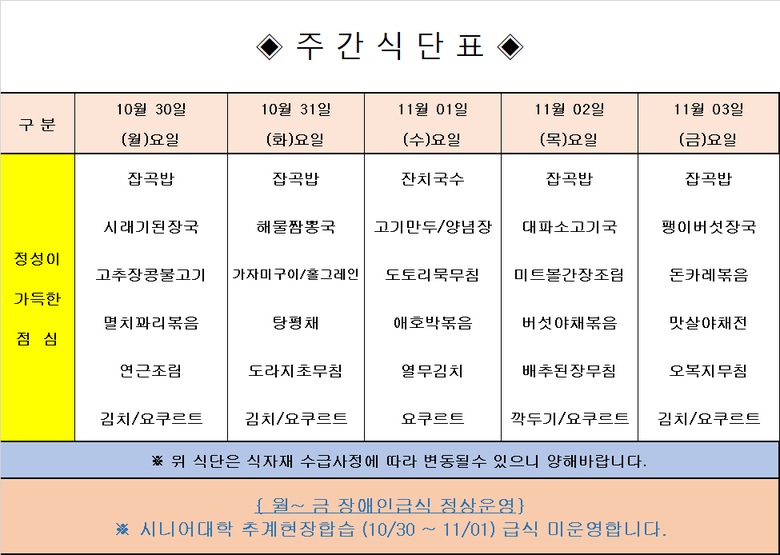 장애인 & 노인복지관 무료급식 주간식단표 [10.30~11.03] 이미지 1