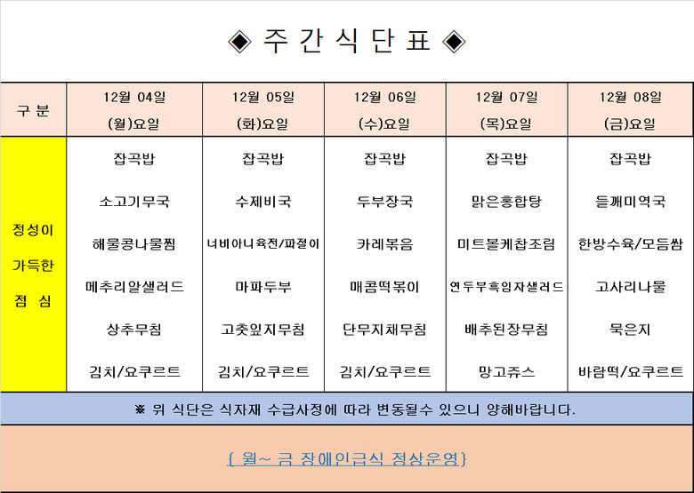 장애인 & 노인복지관 무료급식 주간식단표 [12.04 ~ 12.08] 이미지 1