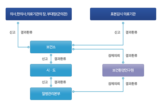 감염병 신고.보고체계 표/ 의사,한의사,의료기관의 장,부대장(군의관) - 보건소로 신고,결과환류 / 보건소는 시.도로 신고,결과한류 / 시.도는 질병관리본부로 신고,결과환류함 / 표본감시 의료기관은 보건소로 신고, 결과환류/ 다음 보건환경연구원으로 검체의뢰, 결과환류 / 다음 질병관리본부로 검체의뢰, 결과환류 함