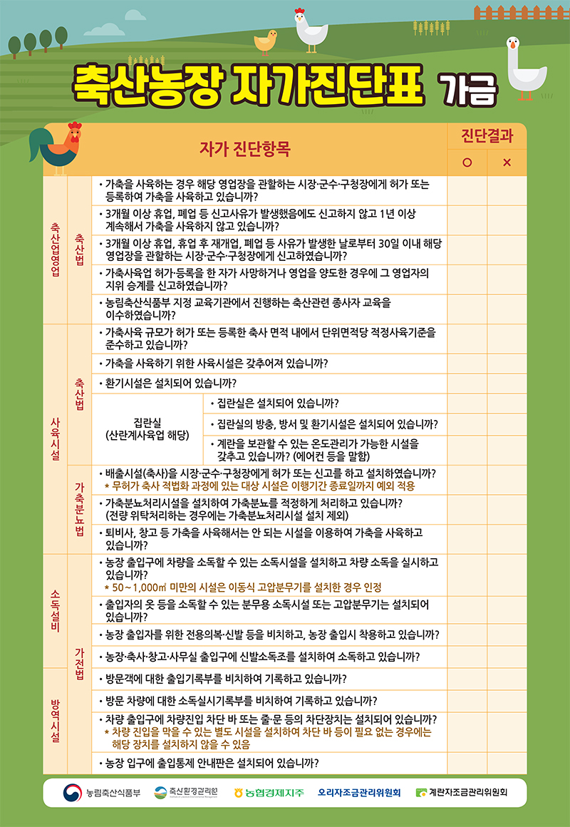 축산농장 자가진단표 가금 - 다음 내용 참조