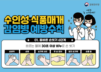 수인성식품매개 감염병 예방수칙
01.올바른 손씻기 6단계
흐르는 물에 30초 이상 비누로 손씻기
손바닥, 손등, 손가락 사이, 두손모아 엄지손가락, 손톱 밑
(새창열림)
